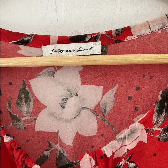 Lily and Lionel Floral Red Maxi Dress Size Small Shirred Waist Tie Neck - Picture 7 of 8
